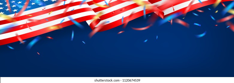 Blackguard for 4th of July with american flag and Confetti.USA independence day celebration with American flag.USA 4 th of July promotion advertising banner template