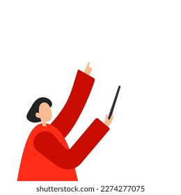 Blackhair Woman in bright red sweater pointing to main message with pointer stick. Single object on white background. Vector color illustration. Cartoon style.
