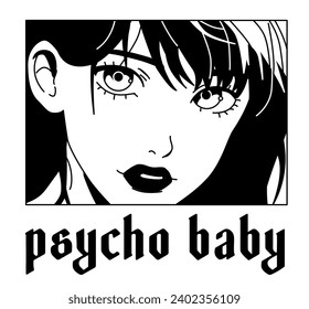 Black-haired anime girl with black lipstick and gothic text. Vector graphic design for t-shirt, poster or cover.