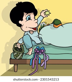 Black-haired Boy in Bed Holding a Star in his Hand - Colored Cartoon Illustration with Background, Vector