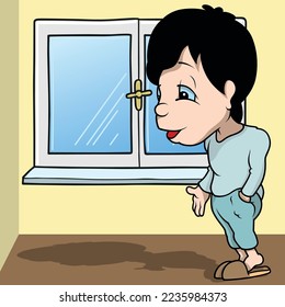 Black-haired Boy in a Pajamas from Side View - Colored Cartoon Illustration with Background, Vector