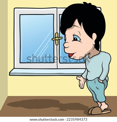 Black-haired Boy in a Pajamas from Side View - Colored Cartoon Illustration with Background, Vector