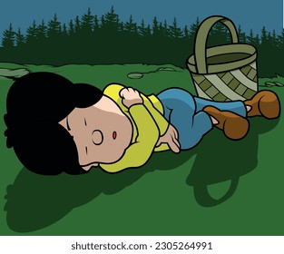 A Black-haired Boy Sleeps on the Ground Next to a Wicker Basket - Colored Cartoon Illustration with Background, Vector