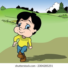 Black-haired Boy in Yellow T-shirt While Walking - Colored Cartoon Illustration with Background, Vector