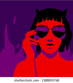 Black-haired devil woman with bob haircut and horns on fire background wearing heart shaped sunglasses, fashion retrowave/ vaporwave 80s-90s style vector illustration for poster, t-shirt ect.