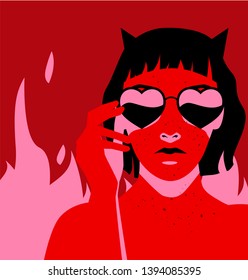 Black-haired devil woman with bob haircut and horns on fire background wearing heart shaped sunglasses, fashion retrowave/ vaporwave 80s-90s style vector illustration for poster, t-shirt ect.