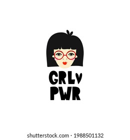 Black-haired girl with glasses, lettering Girl power. Illustration for a postcard, sticker, poster, application on a T-shirt or sweatshirt