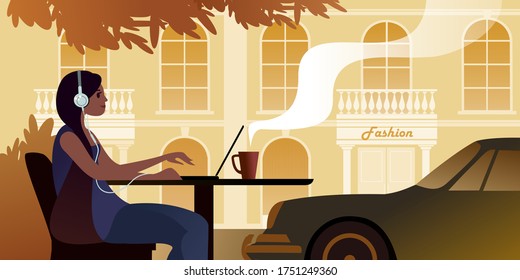 The black-haired girl with headphones in a downtown cafe works remotely. Vector illustration.