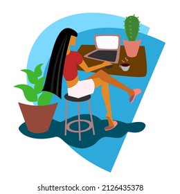 A black-haired girl sits comfortably at her desk with a laptop, makes online purchases, orders work, freelance