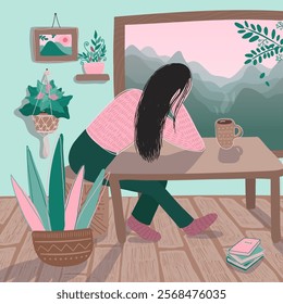 A black-haired girl sitting in a room with home plants, books and coffee, looking out the window with mountains view. Quiet, calm, meditative, lost in thoughts, cozy, cute scene in sea green and pink.