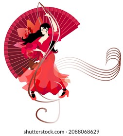 A black-haired gypsy girl in a long red dress with flounced sleeves in the shape of roses is dancing flamenco against the backdrop of a large fan decorated with a lily. Nice poster. Symbols of traditi