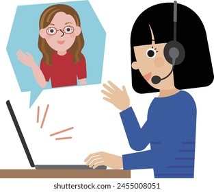 a black-haired Japanese woman wearing headphones and having an online conversation with a woman