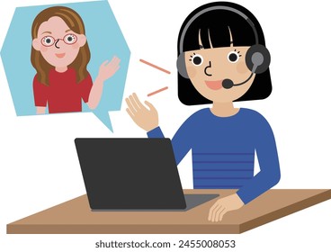 a black-haired Japanese woman wearing headphones and having an online conversation with a woman