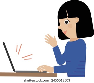 a black-haired Japanese woman wearing headphones and having an online conversation with a woman