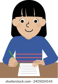 A black-haired Japanese woman wearing long-sleeved clothes is trying to write something on paper with a pencil in front of her desk.