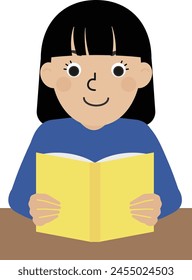 A black-haired Japanese woman wearing long-sleeved clothes reading a book in front of a desk