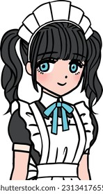 black-haired maid with blue breast ribbon