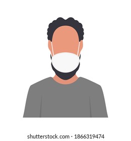 A black-haired man with a beard wearing a protective face mask. Medical mask. Vector.