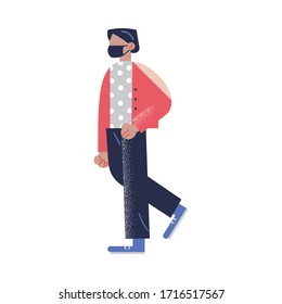 Black-haired man in black pants walking with the protective medical face mask. Vector illustration in the flat cartoon style.