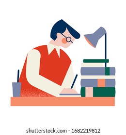 A black-haired man in glasses sitting on a table with books and working. Vector illustration isolated on white background