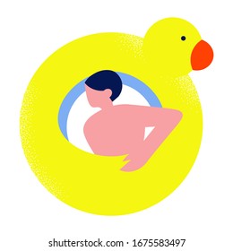 Hombre de pelo negro descansando en el anillo de goma flotante amarillo en forma de pato. Ilustración vectorial al estilo de las caricaturas.