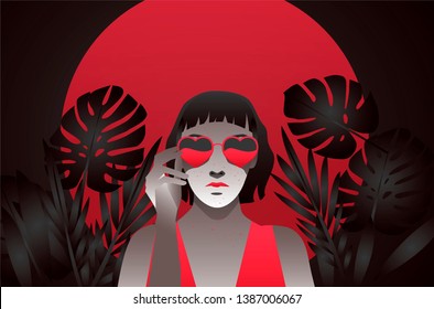 Black-haired woman with bob haircut and pale freckled skin on palm tree background wearing heart shaped sunglasses, fashion retrowave 80s-90s style vector illustration.