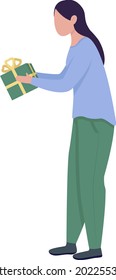 Black-haired woman giving gift semi flat color vector character. Full body person on white. Christmas presents exchange isolated modern cartoon style illustration for graphic design and animation