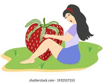 Black-haired woman hugs giant strawberry. Cheerful female holds big berry. Trendy vector concept of girl with ripe strawberry sitting on grass. Flat style illustration of natural farming harvest.