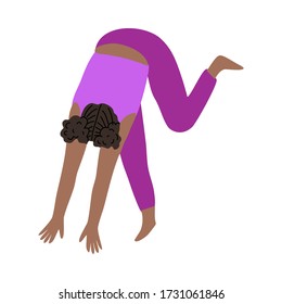 Black-haired woman in pink sportswear doing headstand yoga exercise together. Vector illustration in cartoon style.