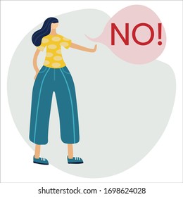 A black-haired woman speach ballon with the words no. Stop domestic violence and crime against females. No means no concept, stop here. Vector flat, banners and posters