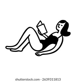Black-haired woman in swimsuit lying on back reading a book, relaxing, leisure activity, summer concept.