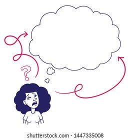 a black-haired woman who looks up, worried and confused. many paths, question marks, bubble. vector, illustration, comic, line drawing, doodle, ink, outline. blue, pink