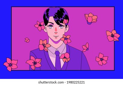 Black-haired young man in cartoon style. The petals of flowers is falling in front of him.