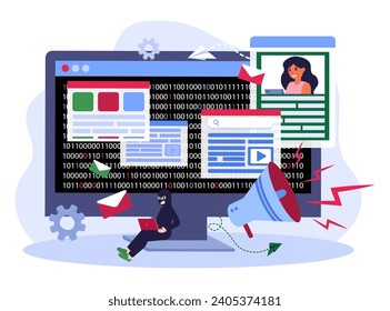Black-hat hacker near huge computer monitor with advertising banners and megaphone. Vector illustration. Illegal targeted advertising on Internet concept