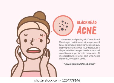 Blackhead acne woman cartoon action half body layout banner illustration vector on pink background. Beauty concept.