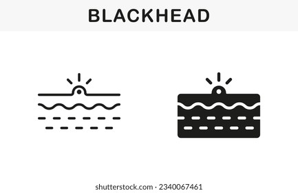 Blackhead, Skin Acne, Comedo Line and Silhouette Black Icon Set. Deep Dirty Pore, Skin Problem Symbol Collection. Pimple and Inflammation Sebum Pictogram. Isolated Vector Illustration.