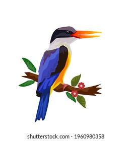 A black-headed kingfisher perched on a branch with green leaves.Vector illustration isolated on white background.