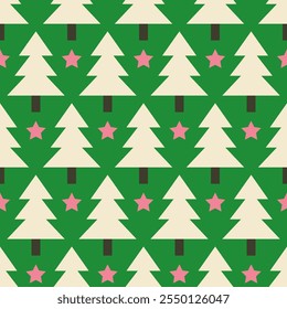 Blackis gray and vintage beige white geometric Christmas trees and soft pink stars on bold retro grass green