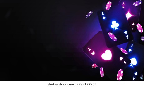 Blackjack black neon poker card with poker chips on black blurred background. Casino backdrop for your arts