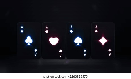 Blackjack black neon poker cards with glowing neon lights Isolated on the black background. 3D Illustration