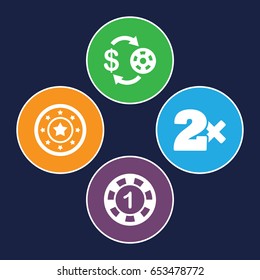 Blackjack icons set. set of 4 blackjack filled icons such as casino chip and money