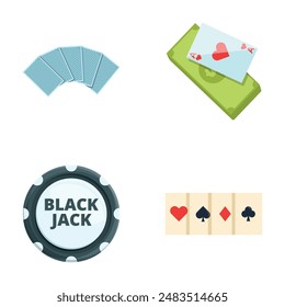 Blackjack icons set cartoon vector. Casino poker cards and chips. Pastime, addiction