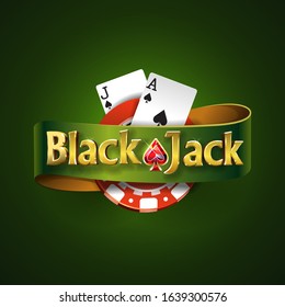 Blackjack logo with green ribbon and on a green background, isolated. Card game. Casino game. Vector illustration