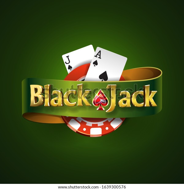 Blackjack logo\
with green ribbon and on a green background, isolated. Card game.\
Casino game. Vector\
illustration