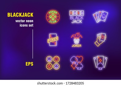 Blackjack neon signs set. Gambling, online game, roulette, poker cards, joker, ace. Night bright advertising. Vector illustration in neon style for gambling banners, posters, billboards