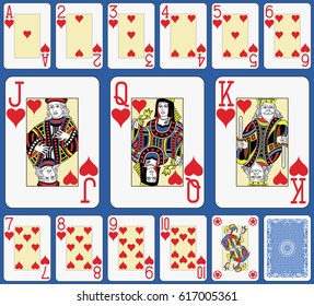 Blackjack playing cards hearts suite. Original figures double sized and inspired by french tradition.
