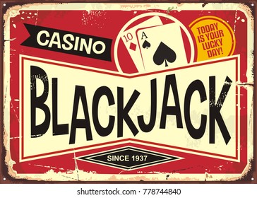 Blackjack retro casino sign. Gambling or casino theme with decorative black jack sign post. Vintage vector illustration.