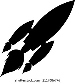 Un cohete volador simple de color negro con fuego negro aislado en blanco. Ilustración vectorial.