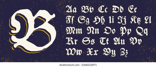 Blackletter alphabet with line shadow. Medieval drop caps. Vintage illuminated initials set. Horror gothic icon font. Perfect for retro style identity, grunge labels, pirate emblem, luxury design.