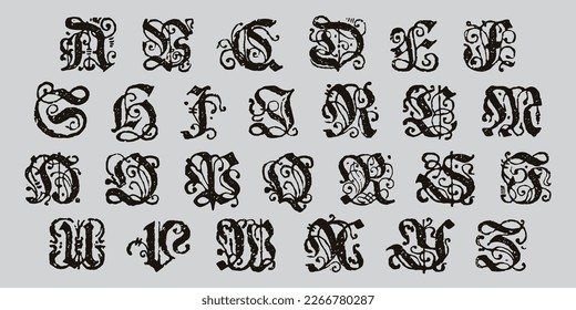 Blackletter alphabet. Medieval drop caps. Vintage illuminated initials set. Horror gothic icon font. Perfect for retro style identity, grunge labels, pirate emblem, luxury design.